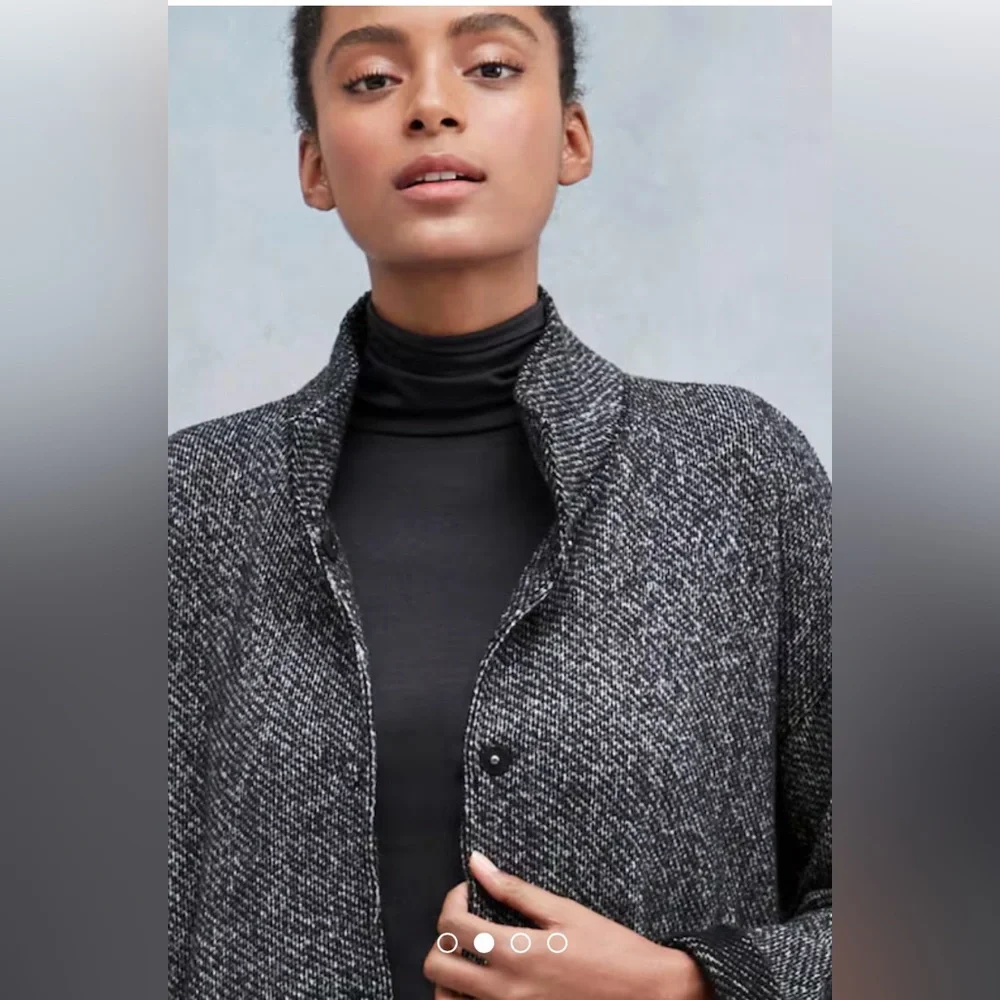 Eileen Fisher 100% cotton Stand Collar Long Herringbone Snap-Front Jacket Coat